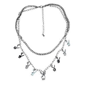 Playboy Bunny Necklace Silver Tone Y2K Layered Chainlink Enamel Rhinestones